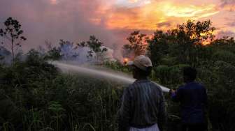 Petugas pemadam kebakaran dibantu Masyarakat Peduli Api (MPA) berusaha memadamkan api saat kebakaran lahan gambut di Pekanbaru, Riau, Senin (3/4).