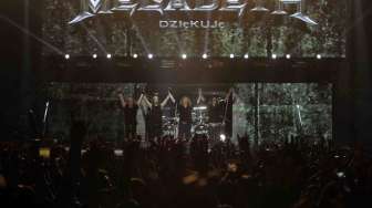 Grup band Megadeth beraksi pada acara Hammersonic 2017 di Ocean Ecopark, Ancol, Jakarta, Minggu (7/5).