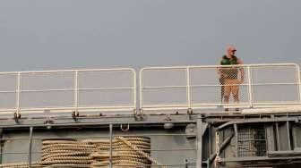 Kapal Perang Angkatan Laut Rusia Varyag bersandar di Pelabuhan JICT 2, Tanjung Priok, Jakarta, Rabu (24/5/2017).