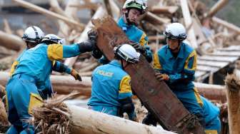 Kerusakan parah yang diakibatkan oleh bencana banjir di Perfektur Fukuoka dan Ota, Minggu (9/7/2017). (AFP)