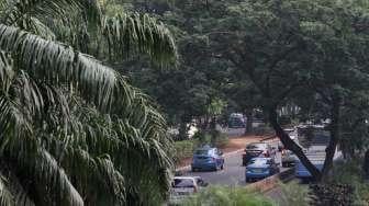 Pemandangan lalu lintas di kawasan penuh pepohonan Jalan Sudirman, Jakarta, Rabu (20/9/2017). [Suara.com/Oke Atmaja]