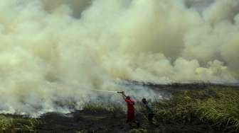 Petugas gabungan dari Manggala Agni Daops Banyuasin dan TNI melakukan pemadaman kebakaran lahan di Desa Muara Baru, Pemulutan, Ogan Ilir (OI), Sumatera Selatan, Senin (25/9).