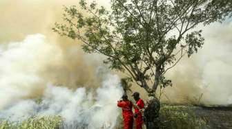 Petugas gabungan dari Manggala Agni Daops Banyuasin dan TNI melakukan pemadaman kebakaran lahan di Desa Muara Baru, Pemulutan, Ogan Ilir (OI), Sumatera Selatan, Senin (25/9).