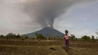 Asap dan abu vulkanik menyembur dari kawah Gunung Agung di Karangasem, Bali, Senin (27/11).