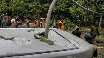 Pohon tumbang yang merobohkan sebuah tiang lampu jalan raya dan menimpa sebuah mobil mewah di Jalan Purworejo, Menteng, Jakarta, Senin (27/11).