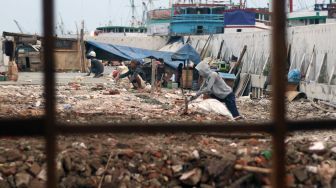 Pekerja menyelesaikan pembangunan shelter penampungan warga di Kampung Akuarium, Jalan Pasar Ikan, Jakarta, Sabtu (20/1).