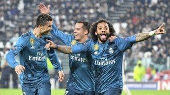 Bek Real Madrid Marcelo (kanan) merayakan golnya ke gawang Juventus. Alberto PIZZOLI / AFP 