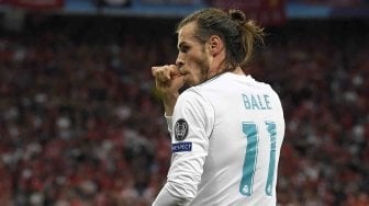 Ekspresi gol winger Real Madrid Gareth Bale dalam pertandingan Real Madrid vs Liverpool di final Liga Champions, di Stadion NSK Olimpiyskiy, Kiev, Minggu (27/5).