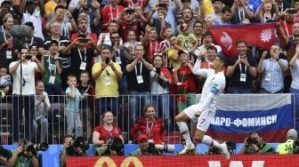 Pemain Portugal Cristiano Ronaldo rayakan golnya ke gawang Maroko dalam laga kedua Grup B Piala Dunia 2018 yang berlangsung di Stadion Luzhniki, Rabu (20/6/2018) [AFP]