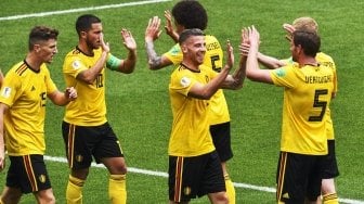 Perayaan gol oleh para pemain timnas Belgia, dalam laga Grup G Piala Dunia 2018 kontra Tunisia di Stadion Spartak, Moskow, Sabtu (23/6/2018). [Mladen ANTONOV / AFP]