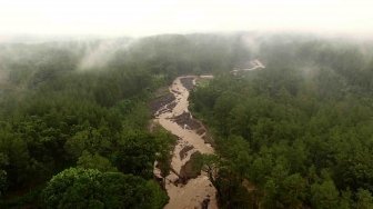 Foto udara Sungai Badeng, kawasan hutan pinus Songgon, Banyuwangi, Jawa Timur, Senin (25/6).