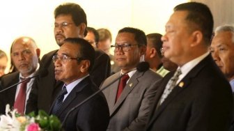 Presiden Timor Leste Francisco Guterres bertemu dengan Ketua DPR RI Bambang Soesatyo di Kompleks Parlemen Senayan, Jakarta, Jumat (29/6).