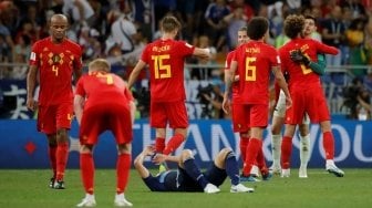 Para pemain Belgia merayakan keberhasilan mereka lolos ke perempat final Piala Dunia 2018 usai menaklukkan Jepang dengan skor 3-2 di babak 16 Besar di Rostov Arena, Rusia, Selasa(3/7) dini hari WIB. [Anadolu]