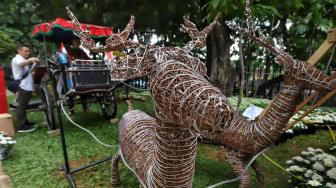 Umat Kristiani mendekorasi ornamen Natal di Gereja Katedral, Jakarta, Sabtu (22/12). [Suara.com/Muhaimin A Untung]