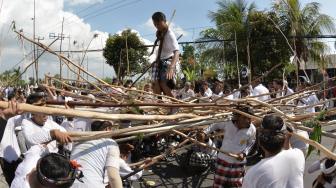 Seorang pemuda berdiri di atas tongkat yang disatukan warga saat Tradisi Mekotek di Desa Munggu, Badung, Bali, Sabtu (5/1). ANTARA FOTO/Fikri Yusuf