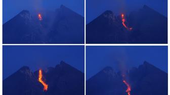 Lava pijar Gunung Merapi terlihat dari Balerante, Kemalang, Klaten, Jawa Tengah, Senin (7/1) pagi. ANTARA FOTO/Aloysius Jarot Nugroho