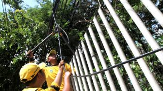 Petugas Bina Marga Jakarta Selatan melakukan penertiban jaringan kabel utilitas yang semrawut di kawasan Warung Jati Barat, Jakarta Selatan, Rabu (30/1).[Suara.com/Fakhri Hermansyah]

