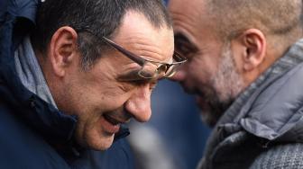 Ekspresi Pelatih Chelsea Maurizio Sarri usai timnya Chelsea dikalahkan oleh Manchester City di Stadion Etihad, Manchester, Inggris, Minggu (10/2). [Oli SCARFF / AFP]