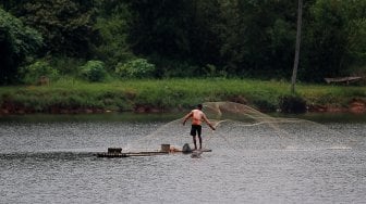 Nelayan menjaring ikan di Setu Cikaret, Cibinong, Kabupaten Bogor, Jawa Barat, Kamis (7/3). [Suara.com/Arief Hermawan P]