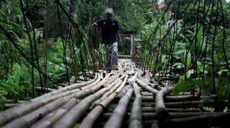 Warga melintasi jembatan gantung yang terbuat dari bambu di Depok, Jawa Barat, Senin (4/8).[Suara.com/Arief Hermawan P]