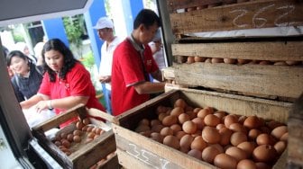 Petugas melayani pembeli saat Operasi Pasar Telur di Pasar Tebet Barat, Jakarta, Rabu (8/5). [Suara.com/Arief Hermawan P]