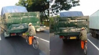Tak Mau Capek Engkol Sepeda, Bapak Ini Gunakan Trik Jitu Agar Cepat Sampai 