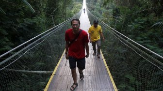 Wisatawan melintasi Jembatan Gantung Situ Gunung (Suspension Bridge Situ Gunung) di Kawasan Taman Nasioal Gunung Gede Pangrango (TNGGP), Kadudampit, Kabupaten Sukabumi, Jawa Barat, Jumat (25/5). [Suara.com/Arief Hermawan P]