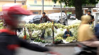 Penjual kulit ketupat musiman di sekitar Jalan RS Fatmawati, Pondok Labu, Jakarta Selatan, Senin (3/6). . [Suara.com/Arief Hermawan P]