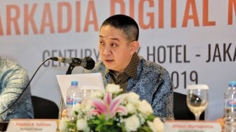 Komisaris Utama Stephen Sulistyo saat Rapat Umum Pemegang Saham Tahunan (RUPST) PT Arkadia Digital Media Tbk (DIGI) di Hotel Century Park, Senayan, Jakarta. Senin (24/6). [Suara.com/Muhaimin A Untung]