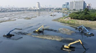 Sejumlah pekerja dengan menggunakan alat berat melakukan pengerukan lumpur di Waduk Pluit, Jakarta, Selasa (25/6). ANTARA FOTO/Nova Wahyudi