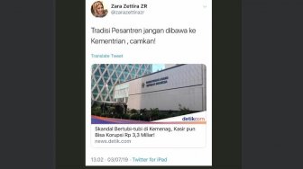 Tagar #ZaraZettiraHinaPesantren Trending Topic, Akun Zara Mendadak Raib