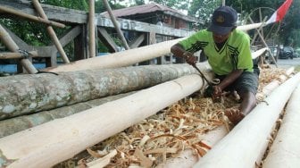 Pedagang menyelesaikan pohon pinang yang akan dijual di kawasan Manggarai, Jakarta, Rabu (31/7). [Suara.com/Oke Atmaja]