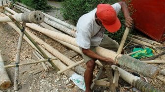 Pedagang menyelesaikan pohon pinang yang akan dijual di kawasan Manggarai, Jakarta, Rabu (31/7). [Suara.com/Oke Atmaja]