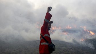 Petugas gabungan dari TNI dan Manggala Agni Daops Banyuasin berusaha memadamkan kebakaran lahan di Desa Pemulutan, Ogan Ilir, Sumatera Selatan, Jumat (23/8). [ANTARA FOTO/Nova Wahyudi]