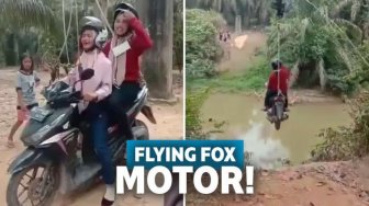 Tak Ada Jembatan, Motor Ini Terbang dengan Flying Fox  Seberangi Sungai