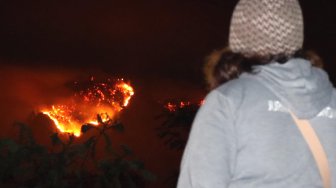 kebakaran hutan Gunung Ranti yang terlihat dari Tawonan, Banyuwangi, Jawa Timur, Sabtu (19/10). [ANTARA FOTO/Budi Candra Setya]