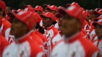 Sejumlah atlet mengikuti acara pelepasan atlet untuk SEA Games 2019 di Istana Bogor, Jawa Barat, Rabu (27/11). [ANTARA FOTO/Akbar Nugroho Gumay]