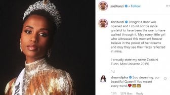 Ini Postingan Pertama Zozibini Tunzi Setelah Resmi Jadi Miss Universe 2019