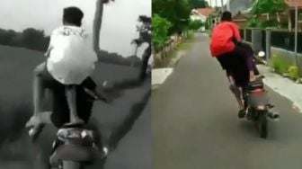 Marak Pembonceng Motor Nekat Joget Sambil Berdiri, Akhirnya Nyemplung Sawah