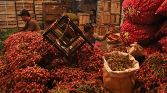 Pedagang membersihkan bawang merah di Pasar Induk Kramat Jati, Jakarta Timur, Selasa (10/3). [Suara.com/Alfian Winanto]
