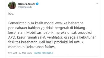 Tsamara Amany Serukan Kasih Modal ke Perusahaan untuk Produksi APD