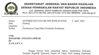 Penampakan Surat Anggota DPR Dapat Uang untuk Beli Mobil saat Corona