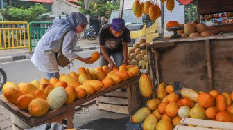 Pembeli memilih buah Timun Suri di Pasar Palmerah, Jakarta Pusat, Sabtu (25/4). [Suara.com/Alfian Winanto]