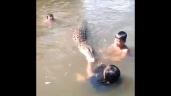 Tak Ciut Nyali, Viral Aksi Bocah Asyik Bermain Bersama Buaya di Sungai