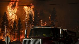 Sejumlah kendaraan menjauh saat api mulai menyambar dan membakar hutan di seberang jalan sekitar 5 mil dari Susanville, California, Amerika Serikat, Senin (20/7/2020).    [AFP/JOSH EDELSON]