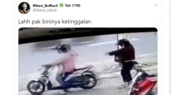 Terekam CCTV, Adegan Kocak Pemotor Tak Sadar Istri Tertinggal di Parkiran