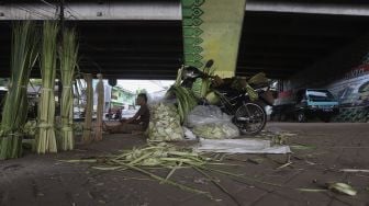 Pedagang kulit ketupat menunggu pembeli di bawah jalan tol di kawasan Bintaro, Jakarta, Kamis (30/7/2020). [Suara.com/Angga Budhiyanto]