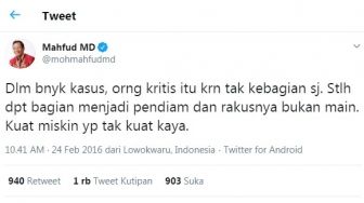 Cuitan Lama Mahfud Diungkit Netizen: Bapak Kritis Gak? Jika Gak Berarti...
