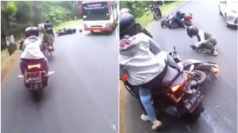 Detik-Detik Pemotor Tergelincir di Tikungan dan Nyaris Tersambar Bus, Ngeri