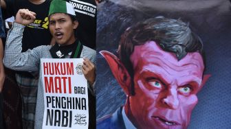 Ratusan orang dari sejumlah Ormas, santri, mahasiswa dan pondok pesantren yang tergabung dalam Forum Persaudaraan Muslim Banten (FPMB) berunjuk rasa di Alun-alun Serang, Banten, Rabu (4/11/2020). [ANTARA FOTO/Asep Fathulrahman]